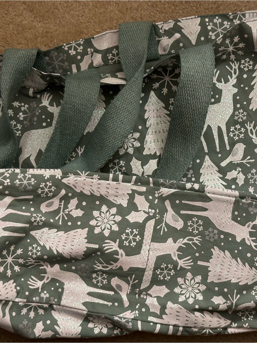 Winter Holiday Canvas Sparkle Tote Shopping Gift Bag, Sage/teal green and white - Picture 4 of 4